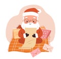 Cute Santa reading Christmas letters. Claus sitting on blanket with pillows, reading mail from children. Flat vector