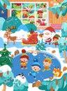 Cute Santa, reindeer, elves are getting ready for Christmas, boys and girls are skating. Animals in forest. Winter scene Royalty Free Stock Photo