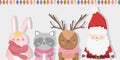 Cute santa reindeer raccoon and bunny lights garland merry christmas card