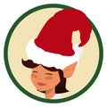 Cute Santa`s Female Helper Elf with Long Hat inside Button, Vector Illustration