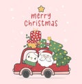 Cute Santa and snowman in Christmas red car with gift boxes on the roof, cartoon doodle hand drawn vector Royalty Free Stock Photo