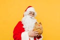 Cute Santa standing on a yellow background with a toy deer in his hands on a pose for the camera at Christmas. New year concept Royalty Free Stock Photo