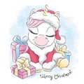 Cute santa unicorn. Cute unicorn with gifts. New Year and Christmas illustration. Fashion illustration drawing in modern style