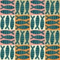 Cute sardines in squares. Kids background. Seamless vector pattern. textile, background, scrapbook