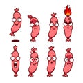 Cute sausage wiener snack fast food cartoon character mascot with emoji expression set pose