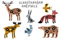 Cute Scandinavian animals with floral ornament set isolated