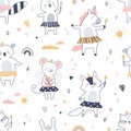 Cute Scandinavian animals pattern. Seamless background with fairy baby characters. Repeating print with fairytale rabbit