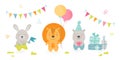 Cute Scandinavian Boho Style Teddy Animals Celebrate Happy Birthday Party. Kawaii Rabbit, Lion and Bear Holding Holidays