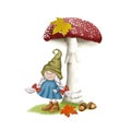 Cute Scandinavian gnome standing under red mushroom isolated on white. Tomte gnome, Autumn fern leaves, Fly agaric mushroom