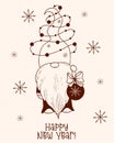 Cute Scandinavian gnome. Winter character gnome with garland and Christmas ball. Vector illustration. hand drawn, Doodle