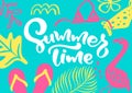 Cute scandinavian greeting card with calligraphic lettering text Summer Time. Label template with funny plants and flowers in Royalty Free Stock Photo