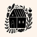 Cute Scandinavian house art. Folk rural rustic fairytale style, hygge and lagom design. Nordic scandi decor elements.