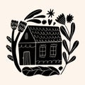 Cute Scandinavian house art. Folk rural rustic fairytale style, hygge and lagom design. Nordic scandi decor elements.