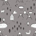 Cute scandinavian landscape with animals, trees, lake, and mountains, seamless pattern. Scandinavian style traditional Royalty Free Stock Photo