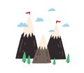 Cute Scandinavian mountains with small flags on ice tops. Baby flat vector illustration of little mounts, fir trees and