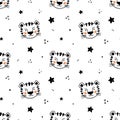 Cute scandinavian seamless pattern with little Tiger face, stars and dots. Vector illustration cartoon tiger.