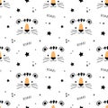 Cute scandinavian seamless pattern with little Tiger face, stars and lettering roar. Vector illustration cartoon tiger.