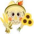 Cute Scarecrow Emoji holding Cobs of Corn and Sunflower Bouquet