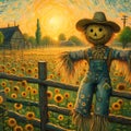 A cute scarecrow in a sunflower farm, with a sunset at a spring time, Van Gogh style painting, fantasy art Royalty Free Stock Photo