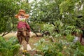 Cute scarecrow wearing a hat stands in the garden.