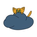 Cute scared cartoon cat on a cloud. Vector Royalty Free Stock Photo