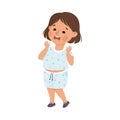 Cute scared little girl. Shocked brown haired girl dressed t-shirt and shorts cartoon vector illustration