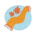 Cute scarf and leaves in flat style. Cozy autumn season icon. Vector illustration