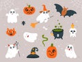 Cute scary characters, ghosts, pumpkins and cat face. Halloween kids horror ghost. Spooky cartoon bat and spider web Royalty Free Stock Photo