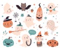 Cute scary characters. Kids horror halloween ghost, mystery decoration clipart. Spooky pumpkin, cat in with hat and
