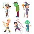 Cute and scary halloween cartoon costume for kids. Zombie, pirate, devil and others Royalty Free Stock Photo