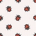 Cute scattered ladybug seamless vector pattern. Hand drawn biology garden wildlife for stay home illustration. Tiny