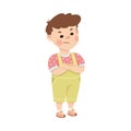 Cute sceptical little boy standing with his arms crossed. Brown haired boy dressed jumpsuit cartoon vector illustration