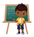 Cute School Afro Boy Standing near Blackboard. Vector Back to School Royalty Free Stock Photo