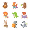 Cute school animals. Bear and fox, lion and crocodile, tiger and panda. Vector school baby animals set Royalty Free Stock Photo