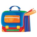 Cute school bag in different colors from which a ruler and pencil stick out, isolated object on a white background, vector Royalty Free Stock Photo