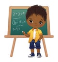 Cute School Afro Boy Standing near Blackboard. Vector Back to School Royalty Free Stock Photo