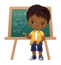 Cute School Afro Boy Standing near Blackboard. Vector Back to School Royalty Free Stock Photo