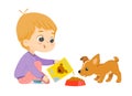 Cute school boy feeding pet puppy. Boy playing with dog. Funny cartoon character. Vector illustration.