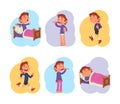 Cute school boy daily routine activities Set. Kid sleeping, waking up, brushing teeth, walking to school cartoon vector