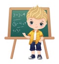 Cute School Boy Standing near Blackboard. Vector Back to School