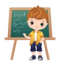 Cute School Boy Standing near Blackboard. Vector Back to School Royalty Free Stock Photo