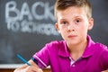 Cute school boy studying in classroom