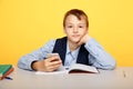 Cute school boy using phone sitting at the desk.