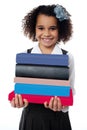 Cute school girl carrying stack of books Royalty Free Stock Photo