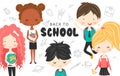 Cute school kids with backpacks, globe and book.Happy kids cartoon collection. Multicultural children in different Royalty Free Stock Photo