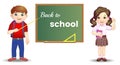 Cute school kids standing near blackboard. Back to school concept.Pupils Group Over Class Board Back To School Banner Royalty Free Stock Photo