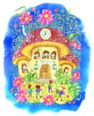 Cute school in mushroom, flowers and little gnomes, pupils, at blue background