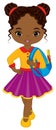 Cute School Teen African American Girl Holding Backpack. Vector School Girl with Rucksack