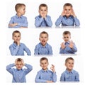 A cute schoolboy with different emotions. Collage. White background. Square format