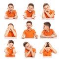 A cute schoolboy with different emotions. Collage. White background. Square format